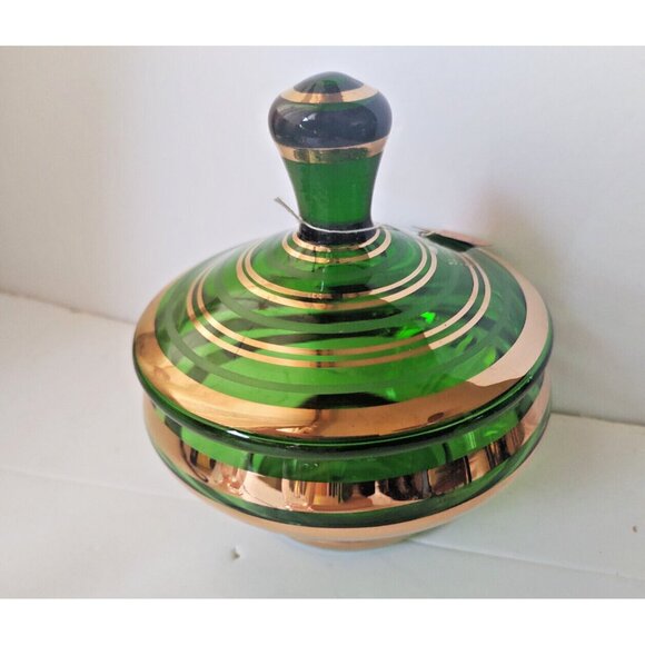 Czech bohemia Emerald Green Glass candy dish with 22k gold ribbing 5" Tall - Picture 1 of 9